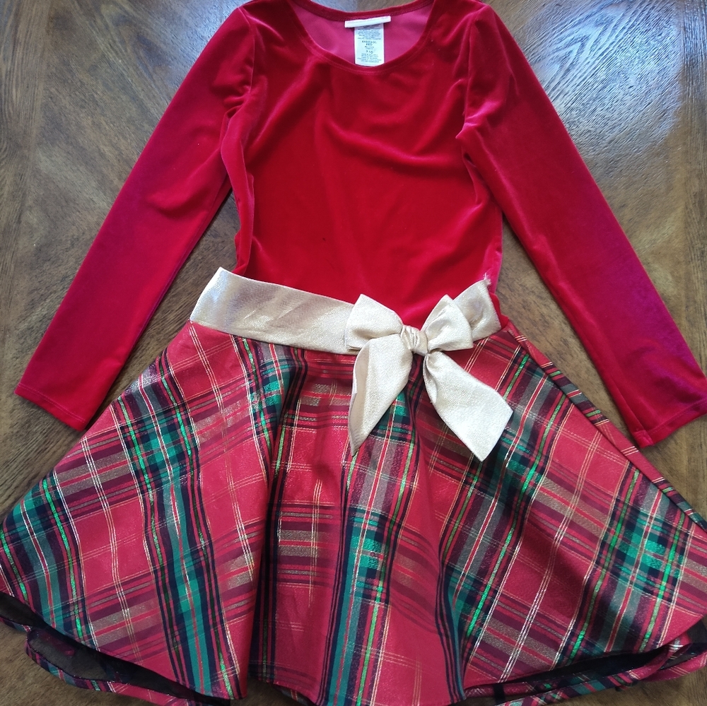 Red Plaid Long Sleeve Dress with Bow